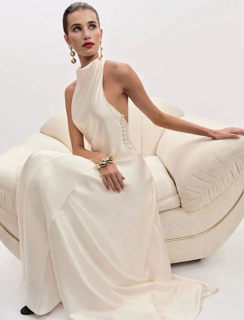 Reformation Roy Satin Wedding Maxi Dress Gown Halter Neck Fior DiLatte Ivory 6
